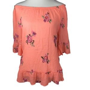 Anthropologie Fig and Flower Peasant Coral Pink Floral Sheer Top Large